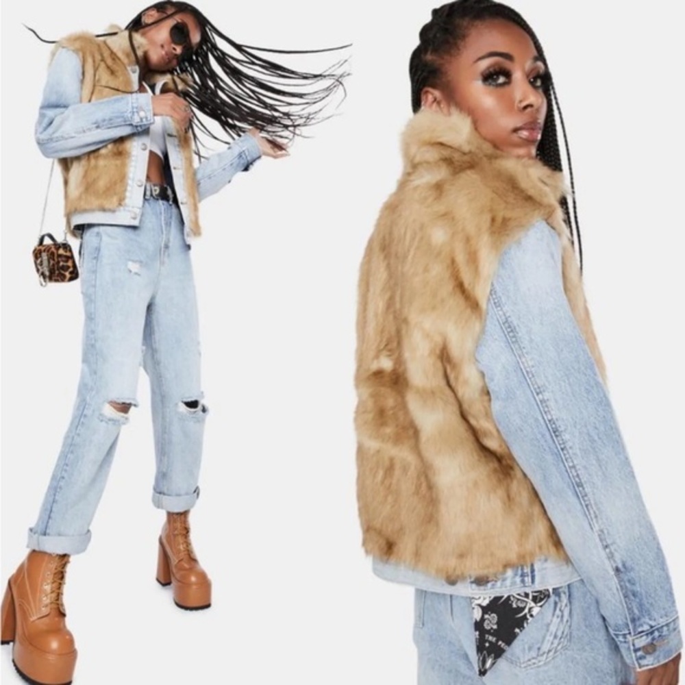 Levi’s premium oversized Boyfriend furry Faux Fur denim Trucker jacket size XS